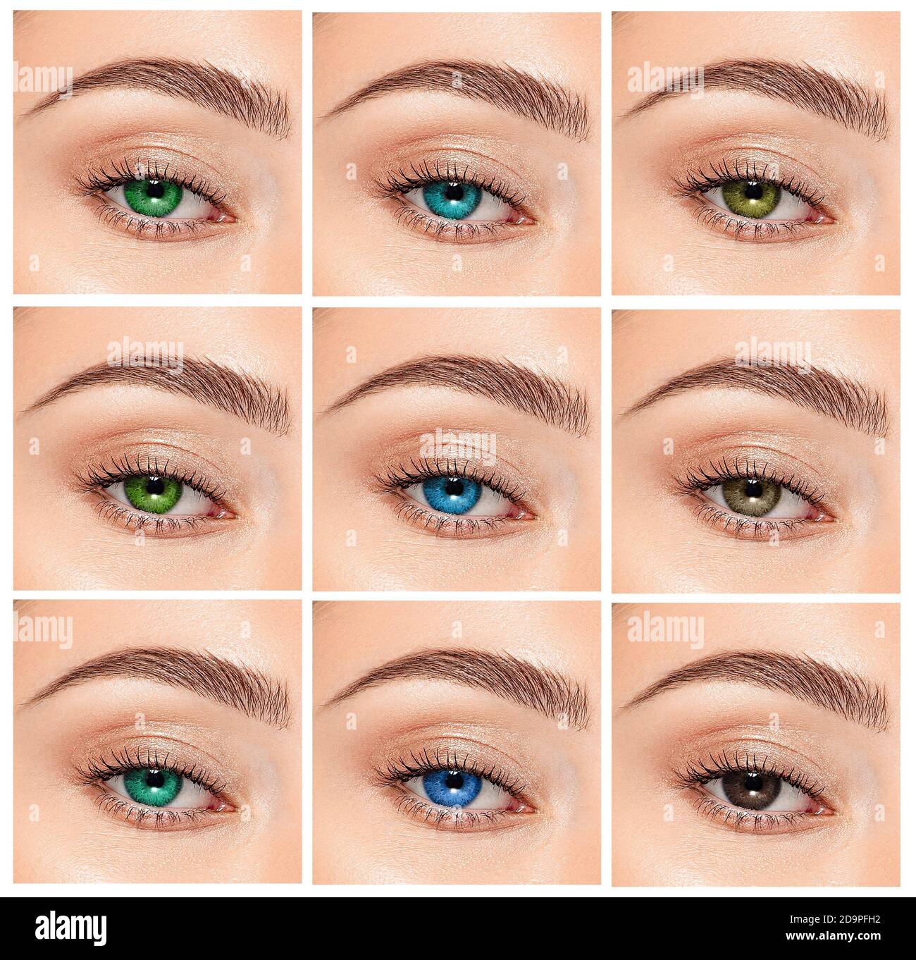 Nahaufnahme, Collage von Augen mit verschiedenen Farben, grün, grau und blau Farbton auf Farbe Kontaktlinsen auf dem menschlichen Auge Stockfoto