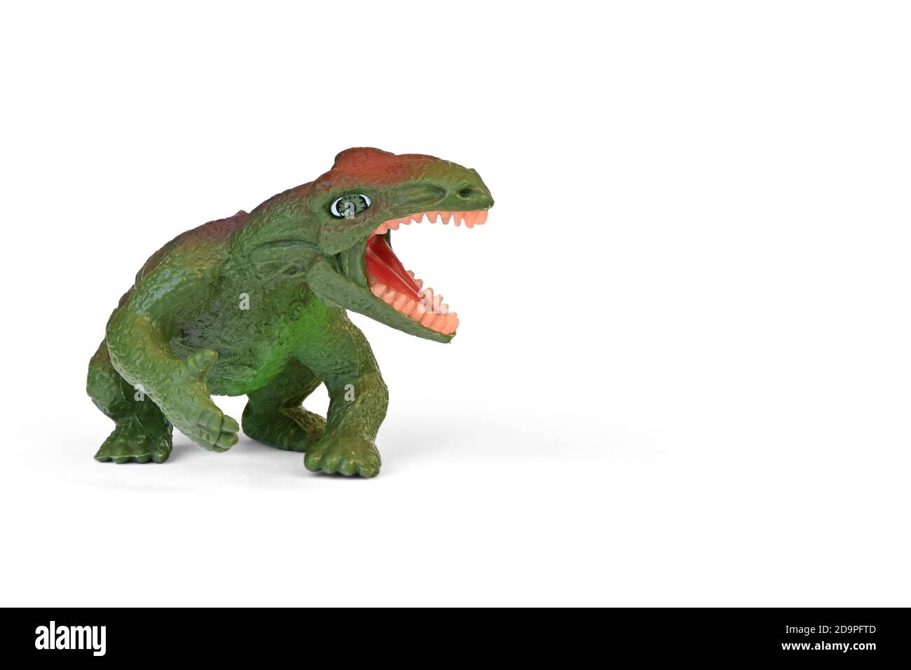 Dinosaurier Plastikspielzeug. Kinderspielzeug, Tierfigur isoliert auf weißem Hintergrund mit Kopierraum. Stockfoto