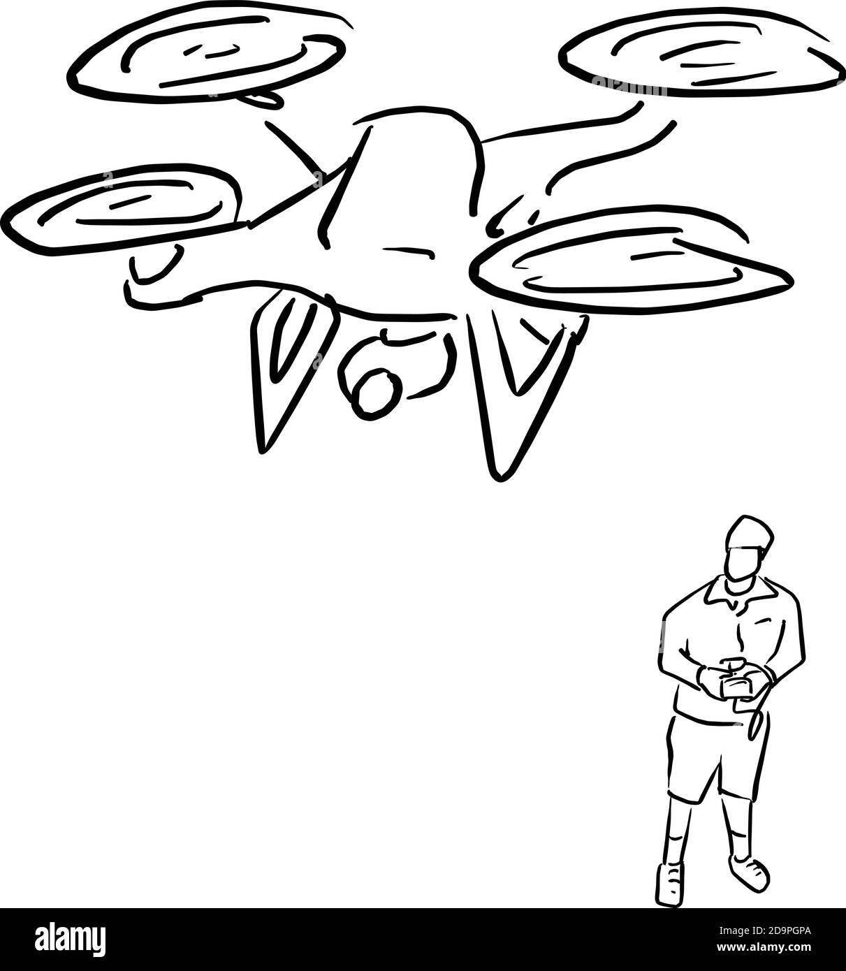 Mann Betrieb von fliegenden Drohne Vektor Illustration Skizze Doodle Hand Gezeichnet mit schwarzen Linien isoliert auf weißem Hintergrund Stock Vektor