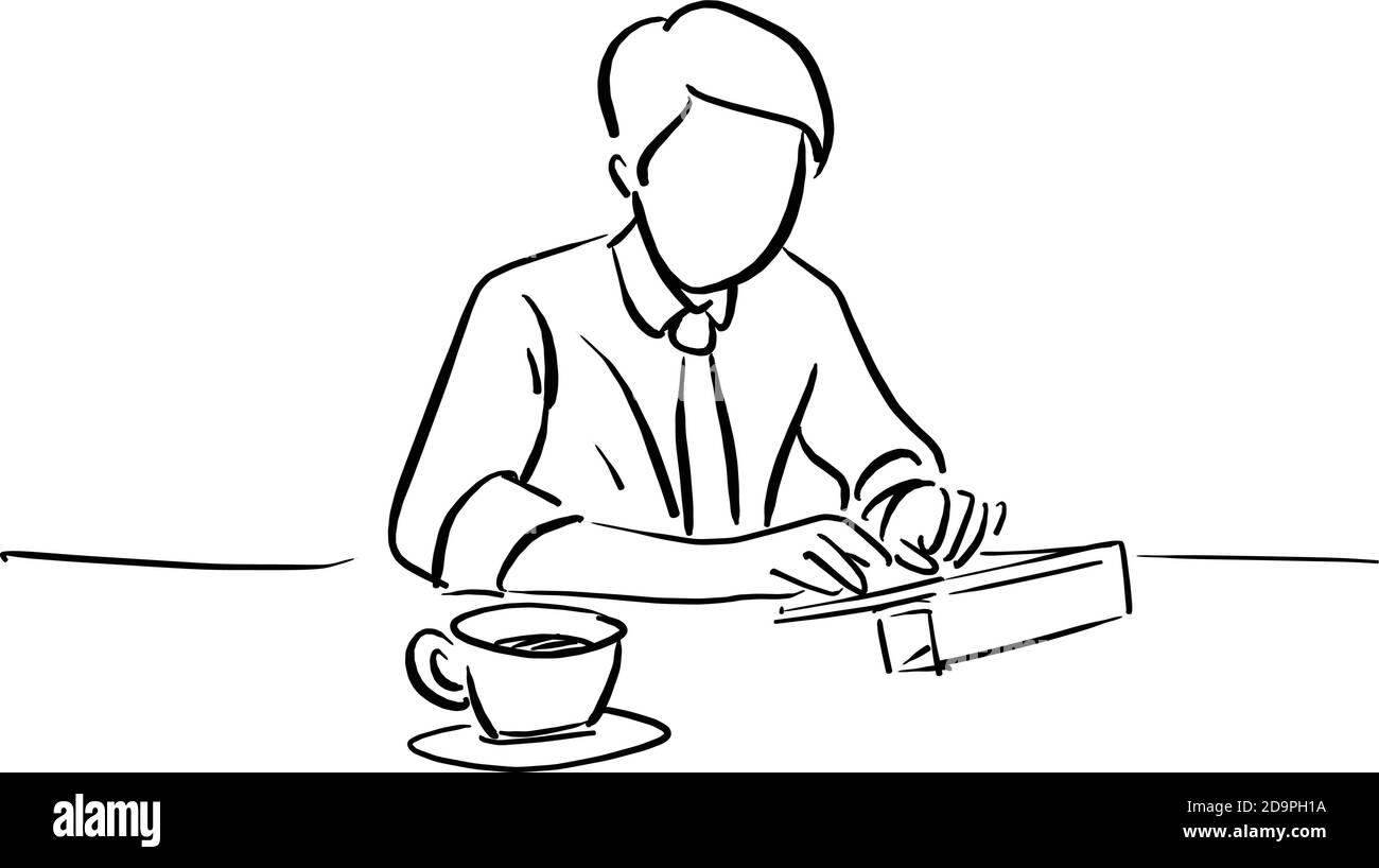 Geschäftsmann arbeitet mit Tablet auf seinem Schreibtisch Vektor Illustration Skizze doodle handgezeichnet mit schwarzen Linien isoliert auf weißem Hintergrund Stock Vektor