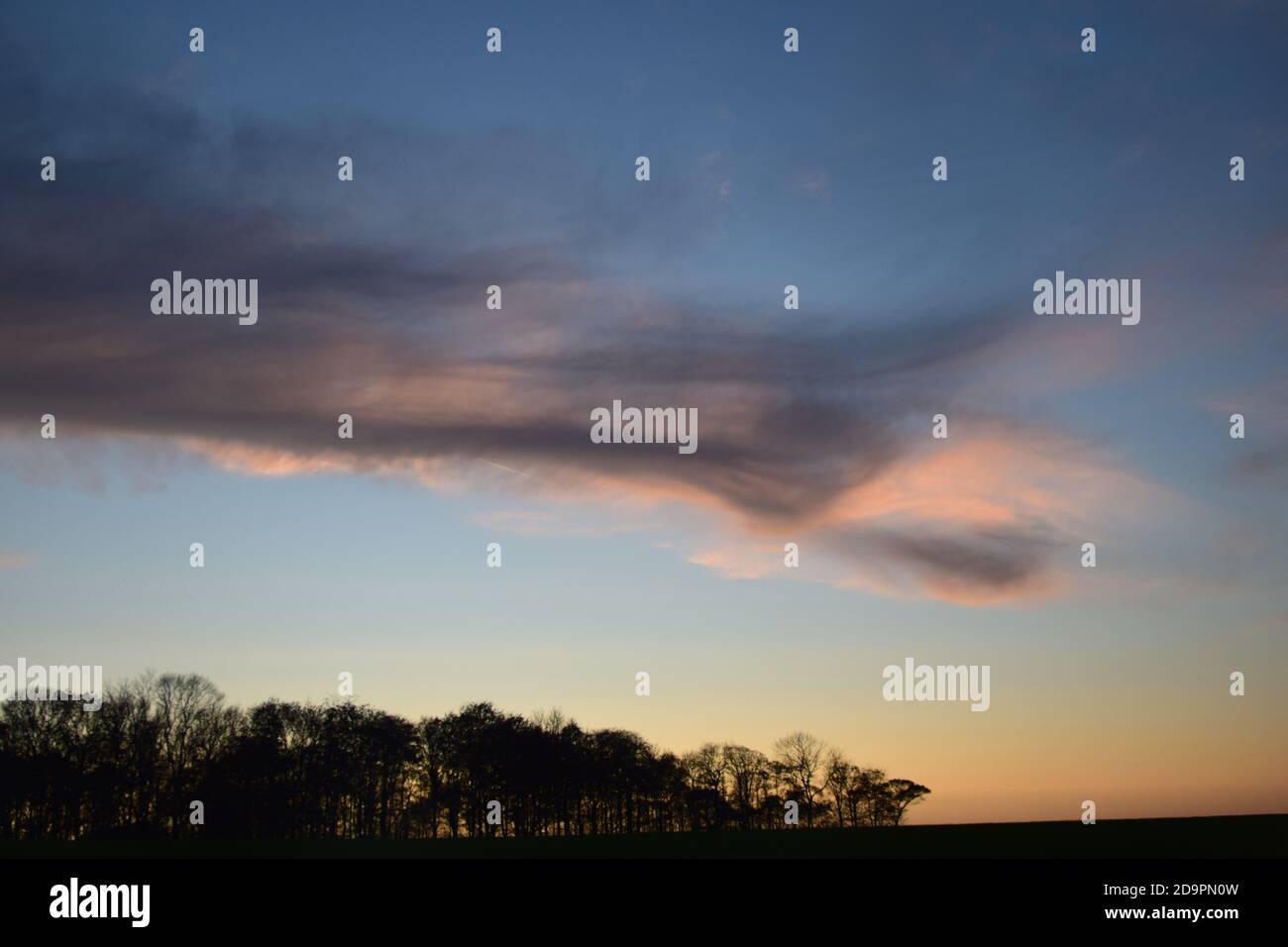 Cirrus-Art Wolken mit Farbe von der untergehenden Sonne getönt Hervorhebung Formen und Muster über den Himmel. Stockfoto