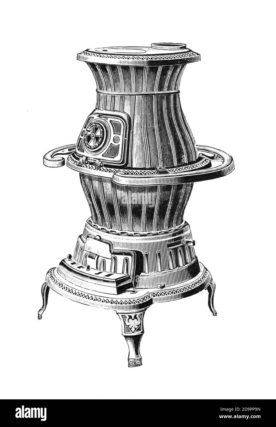 1890er Jahre Gravur eines runden Holzofens, gemeinhin als Topf-Bauch. Ususlly aus Gusseisen und Stahlblech, und fand oft in Tavernen und kleine st Stock Vektor