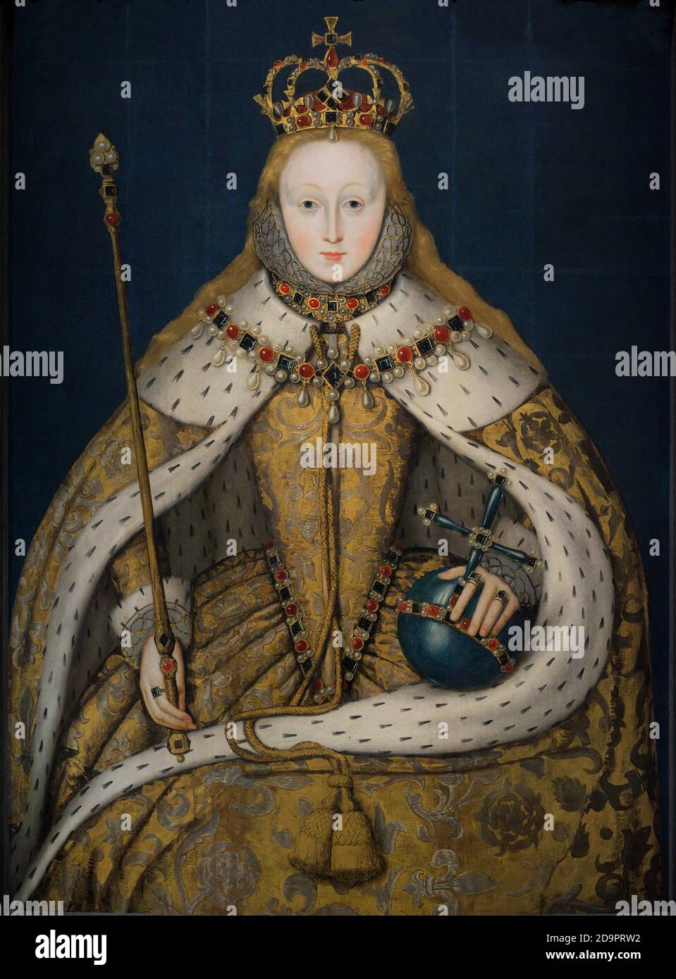Königin Elisabeth I. von England (1533-1603. Porträt eines unbekannten englischen Künstlers. Dieses Gemälde ist als "das Krönungs-Porträt" bekannt. Elizabeth ist gekrönt dargestellt, trägt das Tuch aus Gold, das sie bei ihrer Krönung am 15. Januar 1559 trug. Öl auf Platte, c. 1600. National Portrait Gallery. London, England, Vereinigtes Königreich. Stockfoto