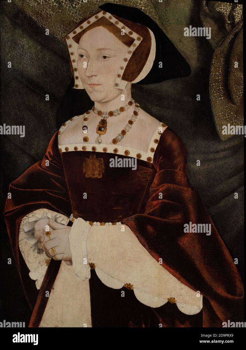 Jane Seymour (1509-1537). Königin von England (1536-1537) als dritte Frau Heinrich VIII. Hochformat. Werkstatt von Hans Holbein dem Jüngeren. Öl auf Platte (64 x 48 cm), c. 1540. National Portrait Gallery. London, England, Vereinigtes Königreich. Stockfoto