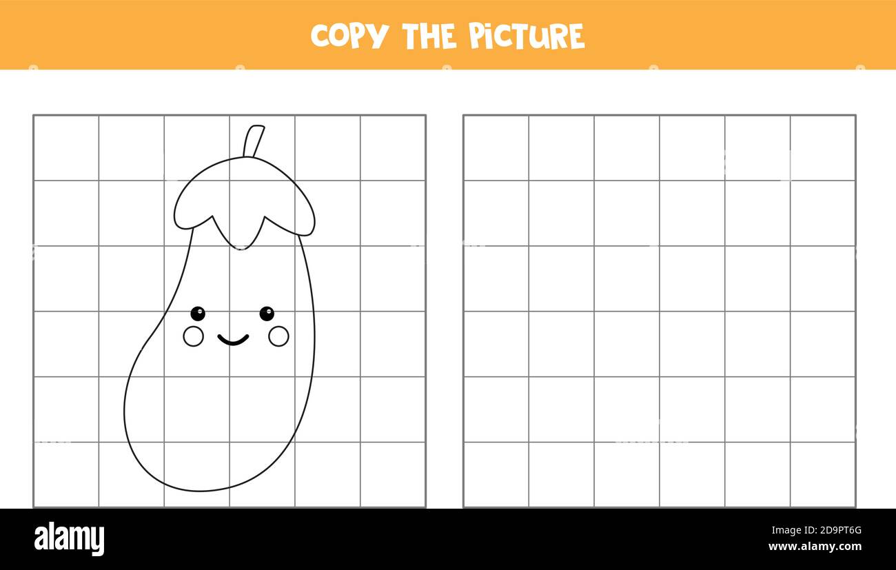 Kopieren Sie das Bild. Niedliche Kawaii Aubergine. Logisches Spiel für Kinder. Stock Vektor
