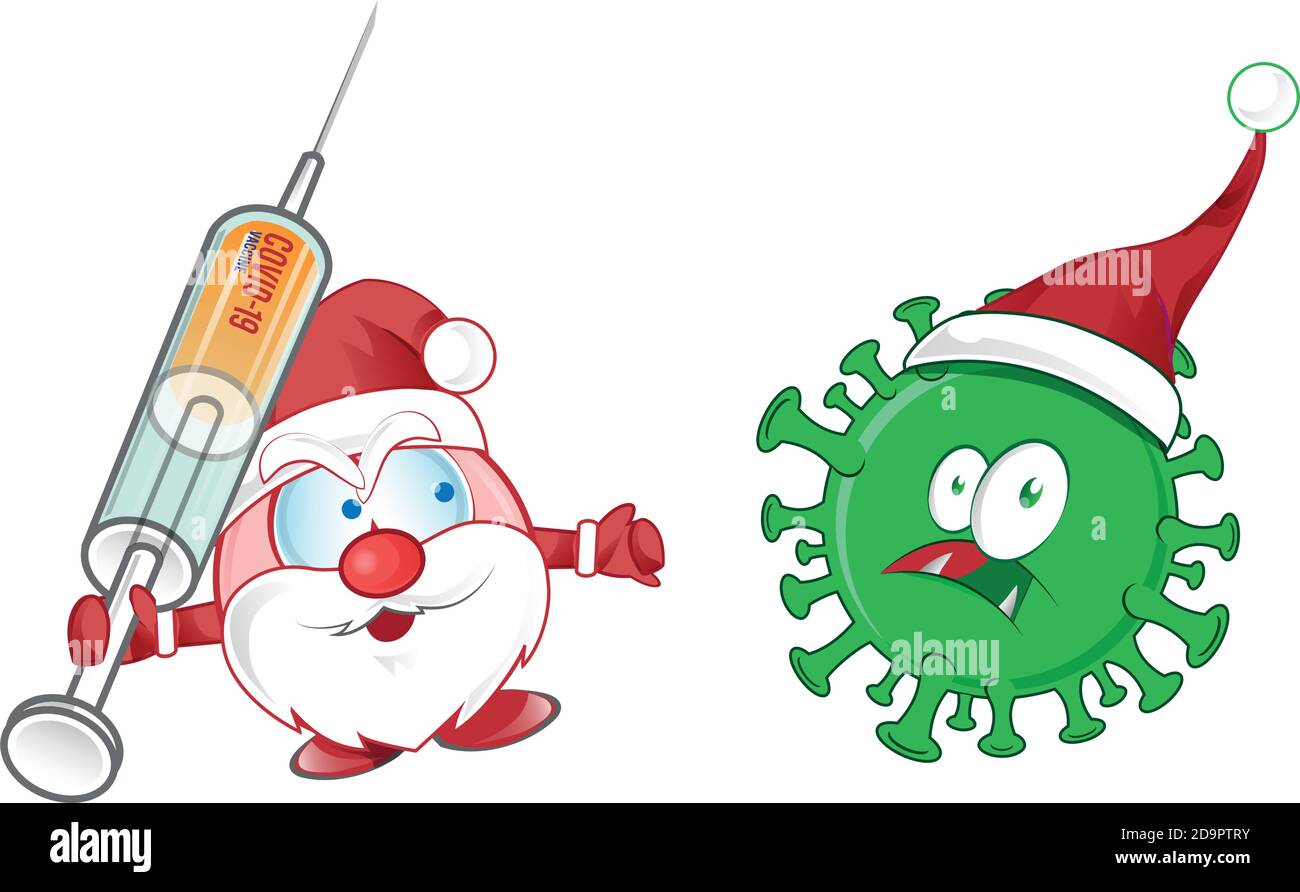 weihnachtsmann Maskottchen Kampf gegen Corona-Virus covid-19 Karikatur auf Weißer Hintergrund Stock Vektor