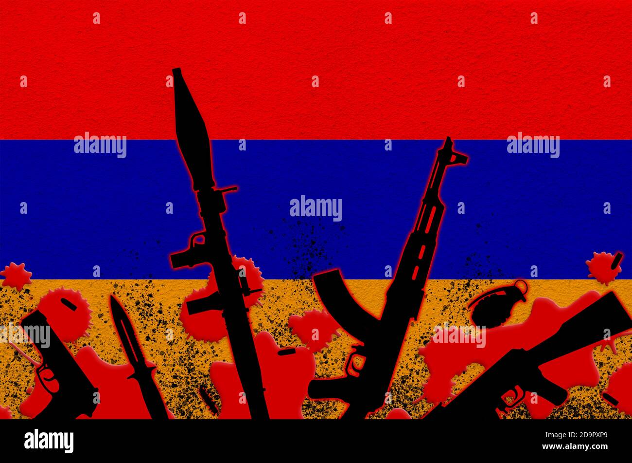 Armenische Flagge und verschiedene Waffen in rotem Blut. Konzept für  Terrorangriffe oder militärische Operationen mit tödlichem Ausgang. Waffenhandel  Stockfotografie - Alamy