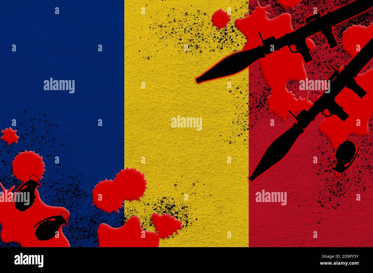 Rumänische Flagge und Raketenwerfer mit Granaten im Blut. Konzept für Terrorangriffe und militärische Operationen. Waffenhandel Stockfoto
