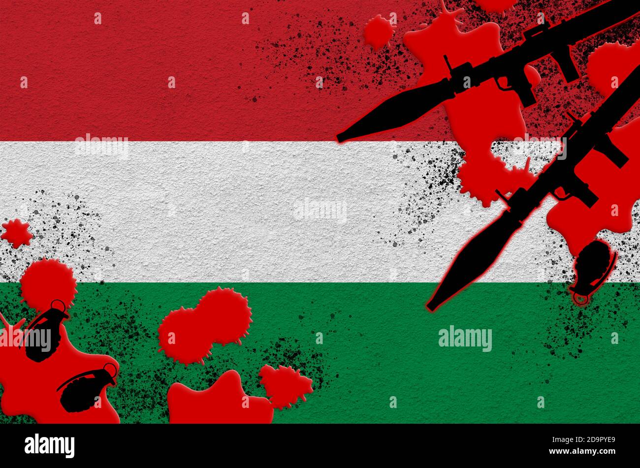 Ungarn Flagge und Raketenwerfer mit Granaten im Blut. Konzept für Terrorangriffe und militärische Operationen. Waffenhandel Stockfoto
