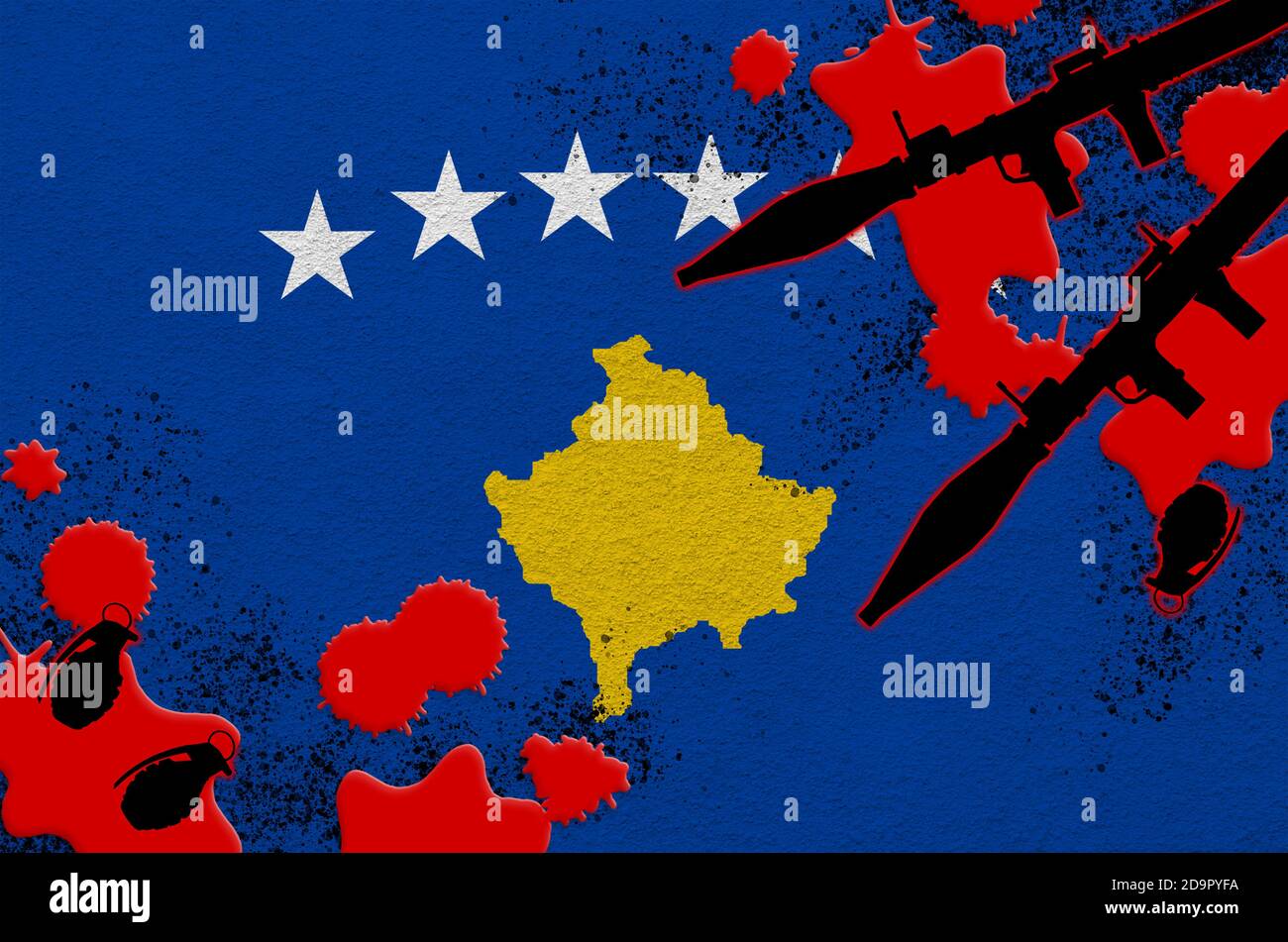 Kosovo-Flagge und Raketenwerfer mit Granaten im Blut. Konzept für Terrorangriffe und militärische Operationen. Waffenhandel Stockfoto