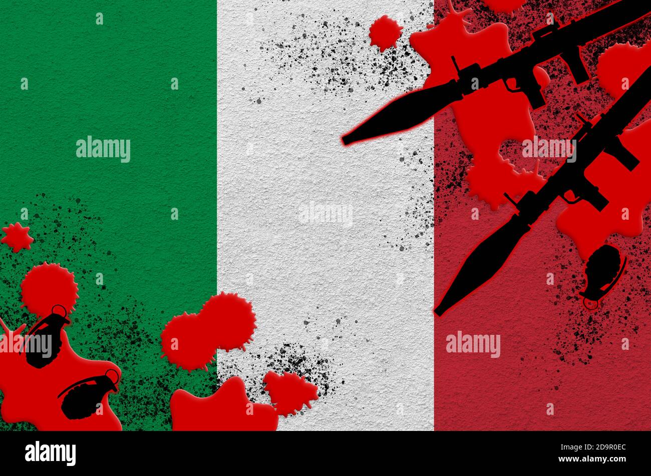 Italienische Flagge und Raketenwerfer mit Granaten im Blut. Konzept für Terrorangriffe und militärische Operationen. Waffenhandel Stockfoto