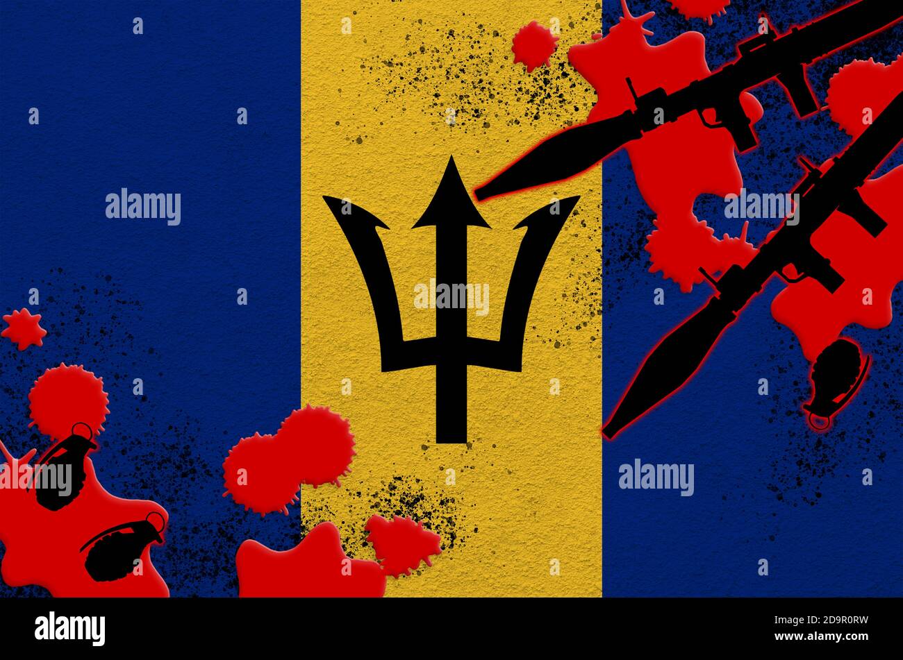 Barbados Flagge und Raketenwerfer mit Granaten im Blut. Konzept für Terrorangriffe und militärische Operationen. Waffenhandel Stockfoto
