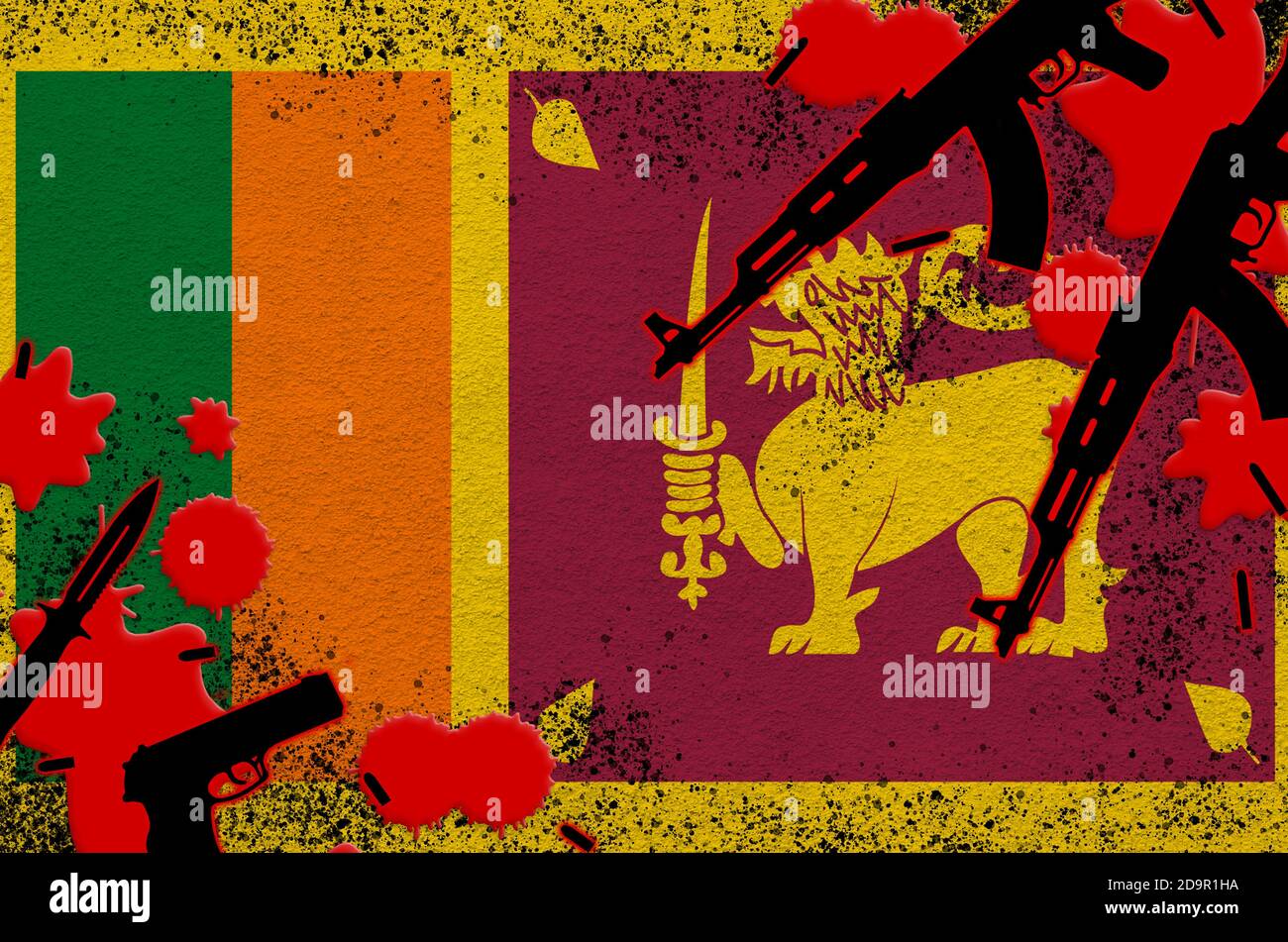 Sri Lanka Flagge und Waffen in rotem Blut. Konzept für Terrorangriffe und militärische Operationen. Waffenhandel Stockfoto