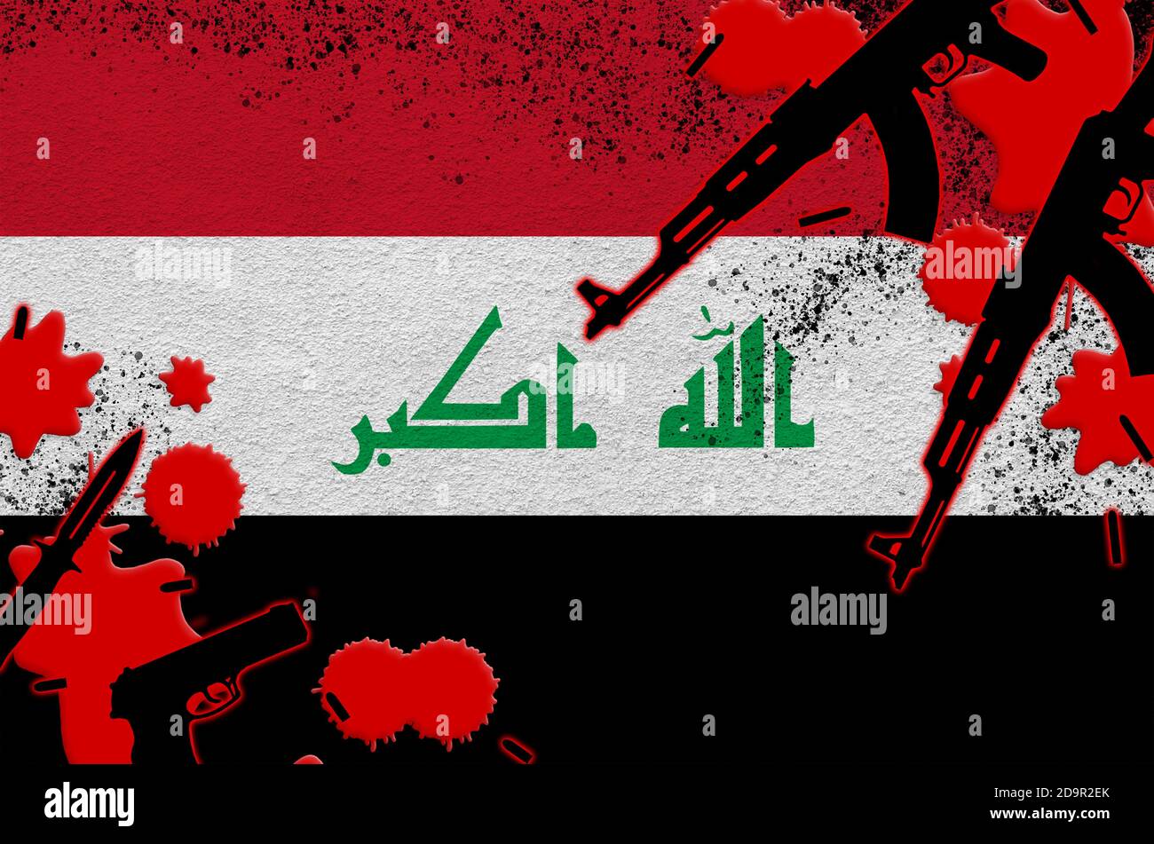 Irakische Flagge und Waffen in rotem Blut. Konzept für Terrorangriffe und  militärische Operationen. Waffenhandel Stockfotografie - Alamy