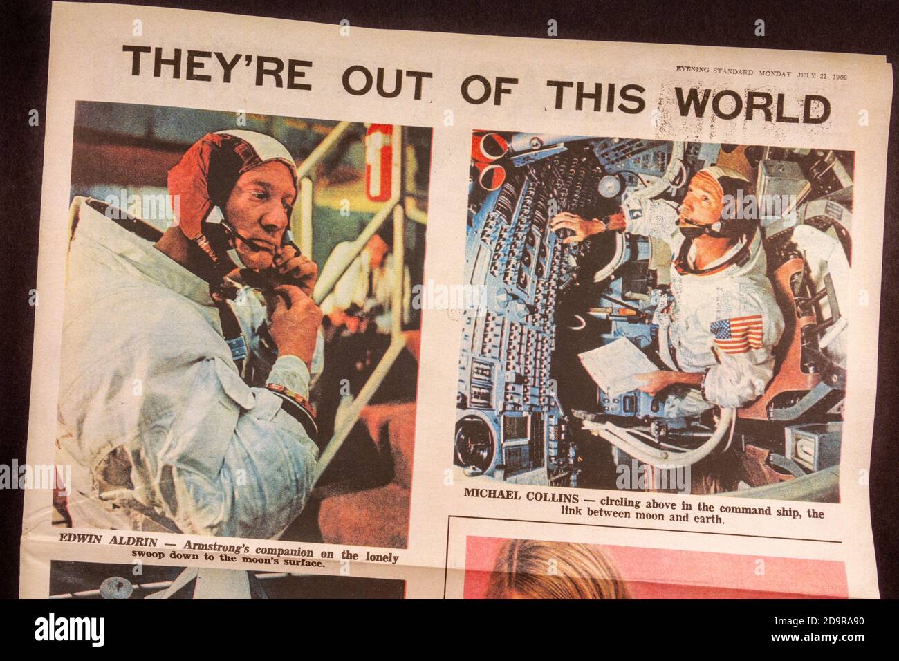 Verschiedene Fotos in einer Evening Standard Souvenir Zeitung (Replik) für die Apollo 11 Mondlandungen am 21. Juli 1969. Stockfoto