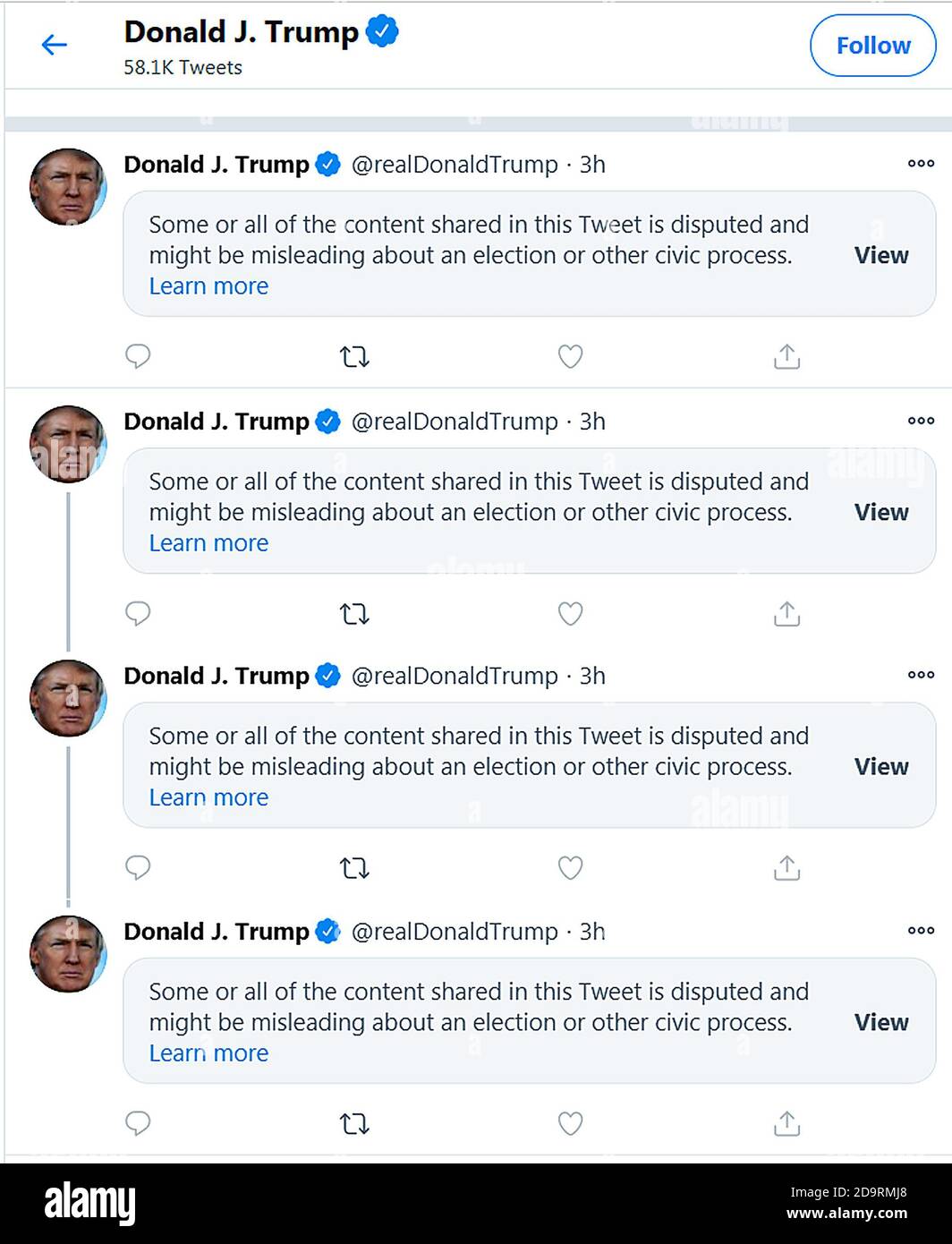 USA. November 2020. Vier aufeinanderfolgende Tweets von Donald Trump werden mit Warnungen von Twitter als "getäuscht und könnten irreführend sein" qualifiziert Credit: Phil Robinson/Alamy Live News Stockfoto