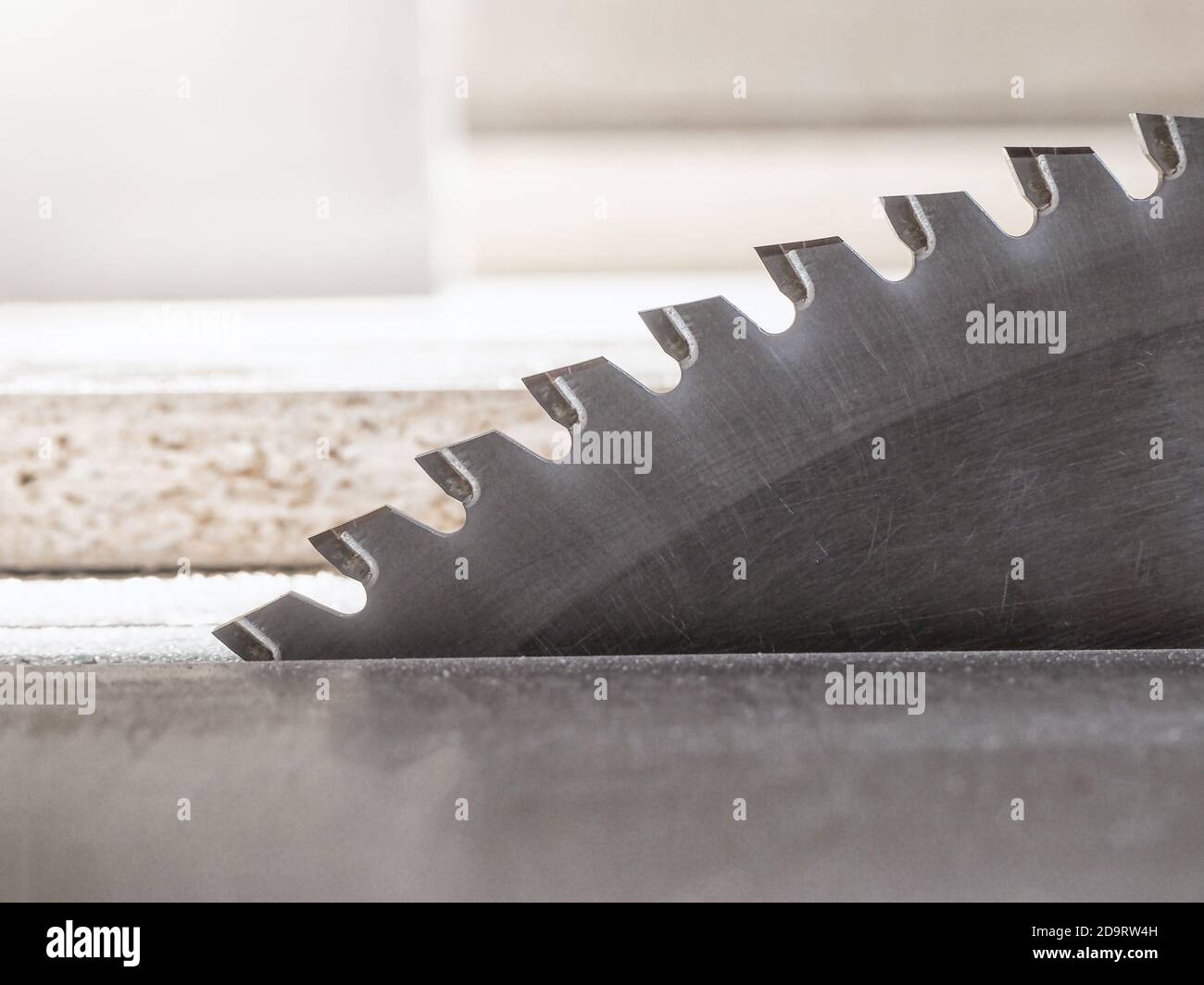 Schneiden Sie die Teile auf einer Kreissäge in einer Möbelfabrik aus Spanplatten. Stockfoto