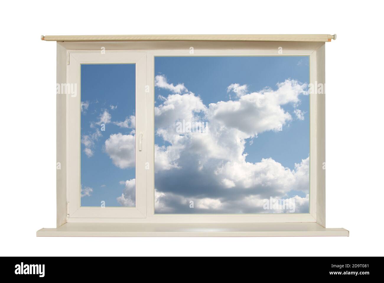 Isoliertes Fenster mit weißen Wolken und blauem Himmel Stockfoto