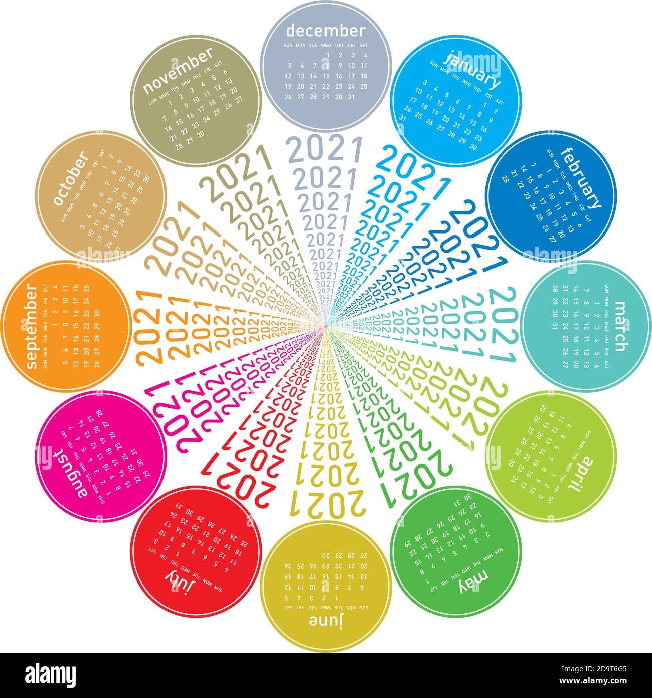 Farbenfroher Kalender für 2021. Rundes Design. Im Vektorformat Stock Vektor