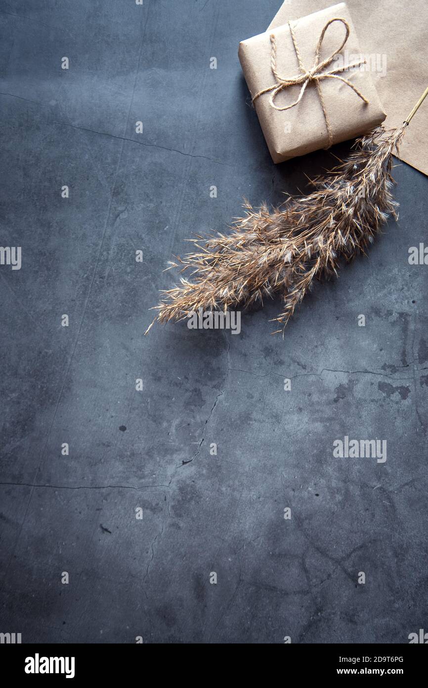 Geschenkschachtel in Bastelpapier mit Schilfstiel, getrocknetes Pampagras auf dunklem Hintergrund eingewickelt. Neue modische Wohnkultur, Kopierer Platz. Vertikales Foto. Stockfoto