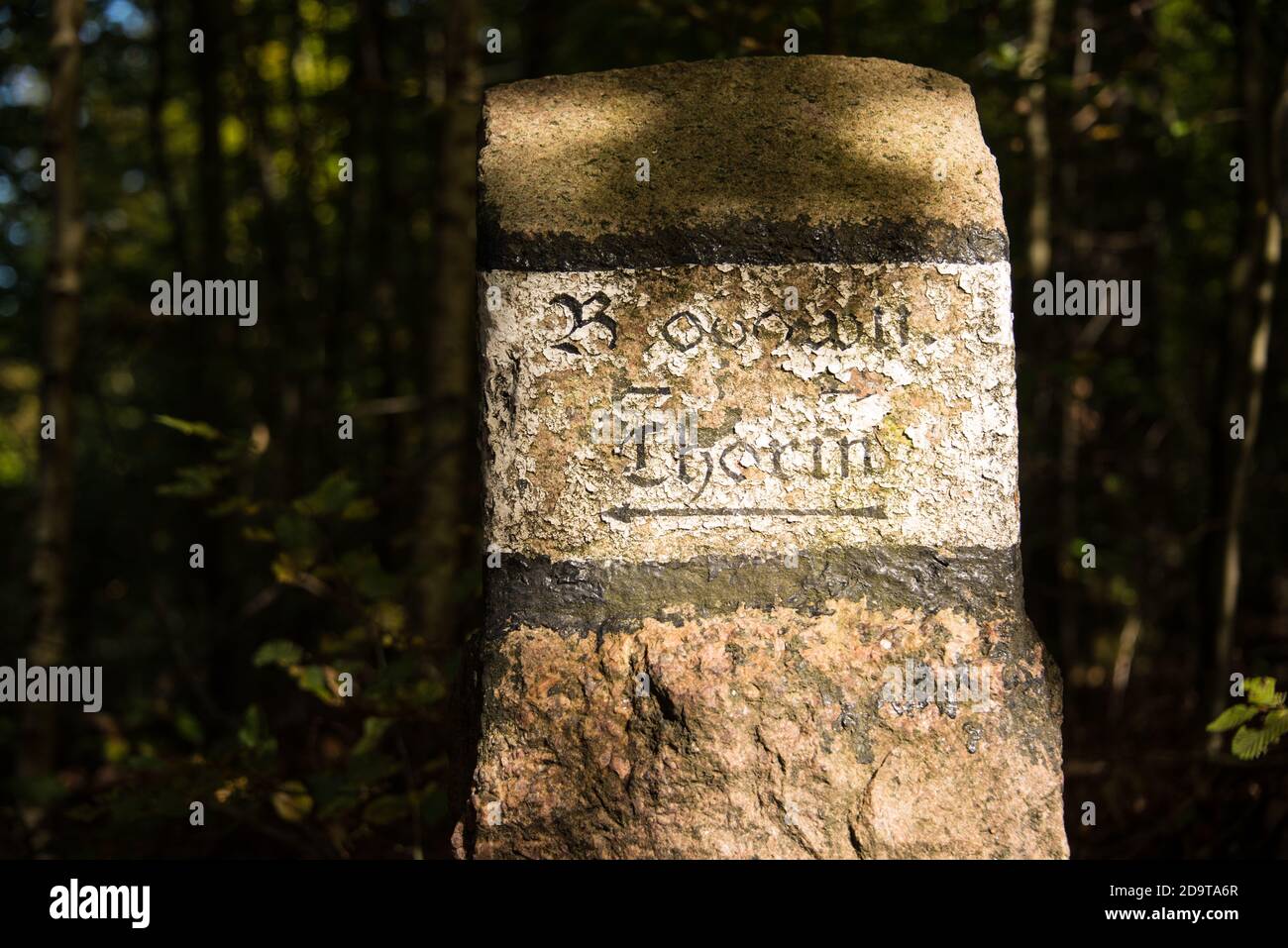 Ein alter Markierungsstein führt den Weg zwischen Chorin und Brodowin Stockfoto