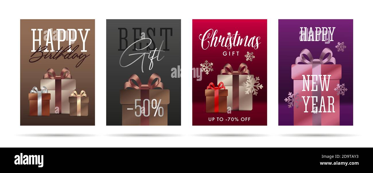 Frohe Weihnachten und glückliches neues Jahr Grußkarte mit weißen Schneeflocken und Luxus-Geschenk-Boxen Illustration, callighraphy Gratulation Stock Vektor