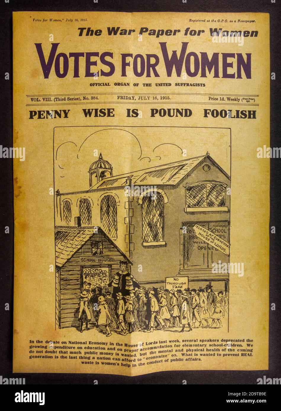 Titelseite des Magazins 'Votes for Women' vom 16. Juli 1915: Ein Stück Nachbildung von Erinnerungsstücken über die Suffragettes-Bewegung in Großbritannien. Stockfoto