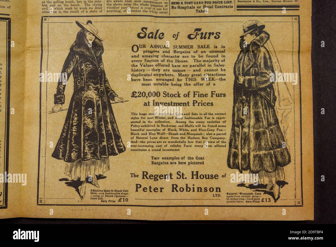Werbung für Regent St. House of Peter Robinson, 'Votes for Women' Magazin, 16. Juli 1915: Replik-Erinnerungsstücke der Suffragettes-Bewegung, Großbritannien. Stockfoto