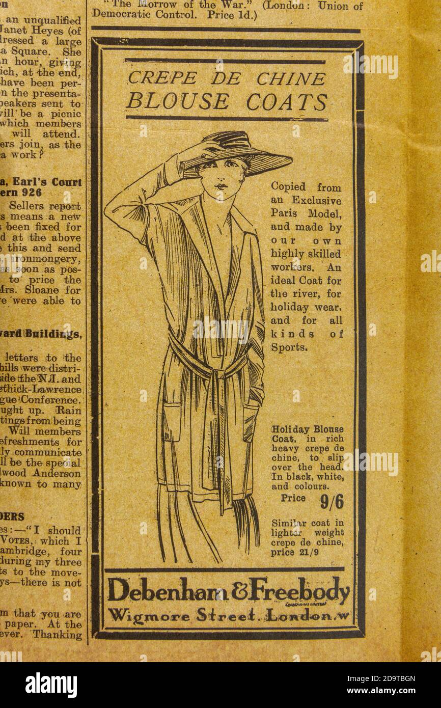 Werbung für den Debenham & Freebody Shop, London, 'Votes for Women' Magazin, 16. Juli 1915: Replik-Erinnerungsstücke der Suffragettes-Bewegung, Großbritannien. Stockfoto