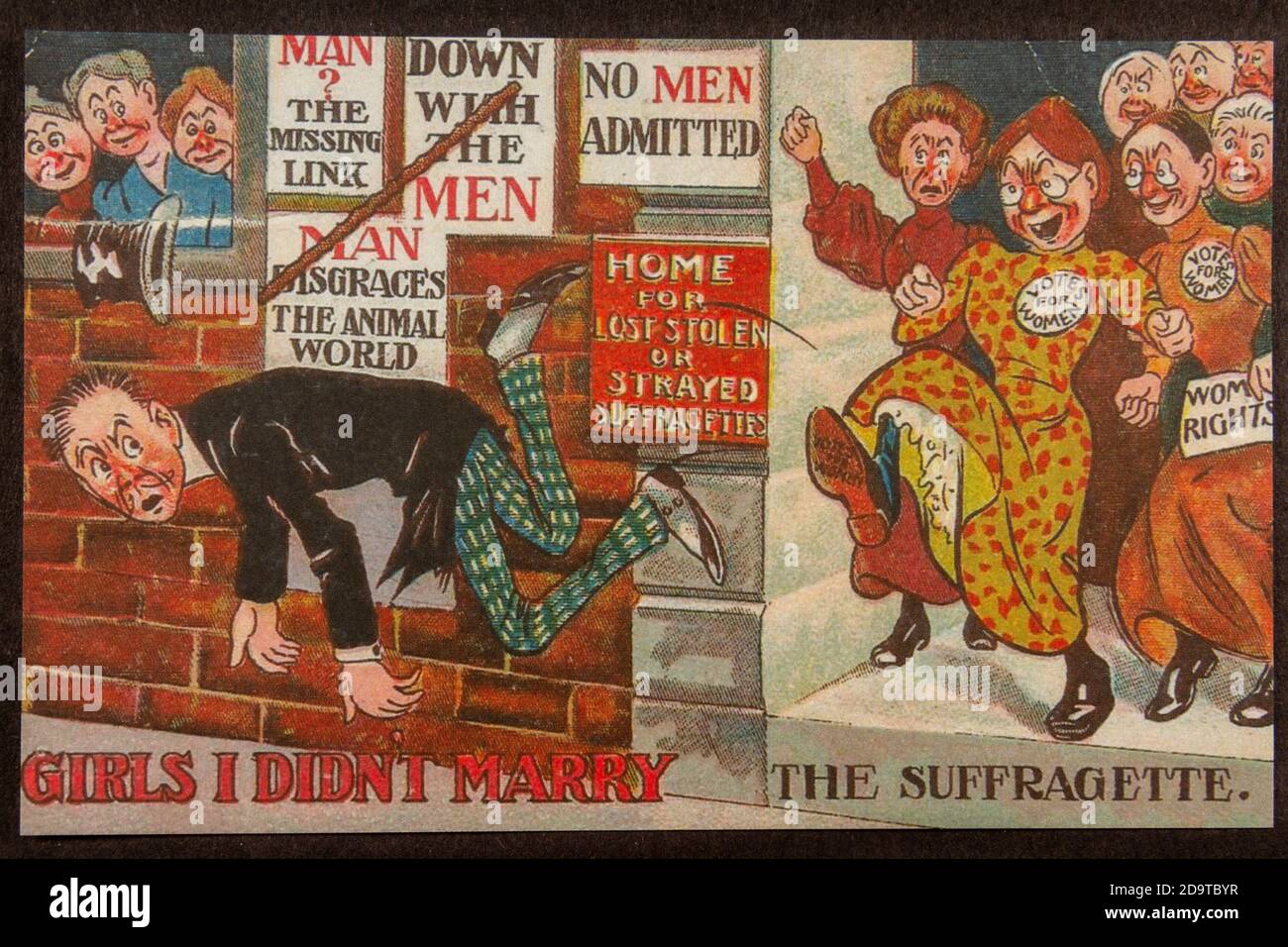 The 'Girls I didn't Marry-the Suffragette', ein Anti-Wahlrechts-Plakat von c 1908: Replik-Memorabilien zur Suffragette-Bewegung in Großbritannien. Stockfoto