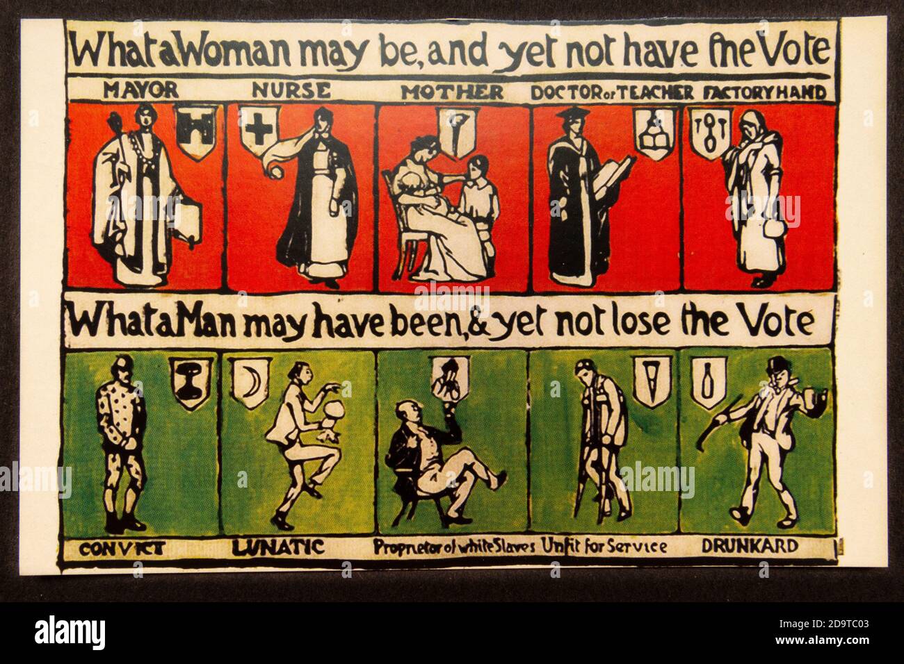 "What a Woman May Be, and yet not have the Vote" Pro-Female-Wahlpropaganda-Poster, Replik-Memorabilien in Bezug auf die Suffragette-Bewegung, Großbritannien. Stockfoto