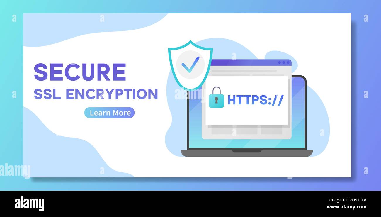 Banner für sichere SSL-Verschlüsselung. Laptop mit geöffnetem Webbrowser und Sicherheit HTTPS - Internet-Kommunikationsprotokoll, das die Vertraulichkeit der Benutzer schützt Stock Vektor