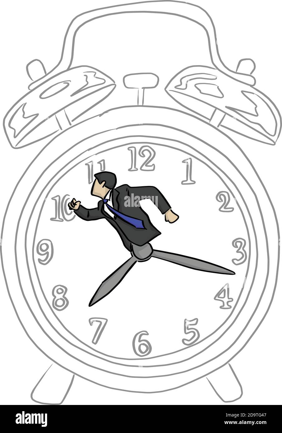 Beeilen Sie sich Geschäftsmann in einem großen Retro-Wecker Vektor Illustration Skizze Doodle Hand gezeichnet mit schwarzen Linien isoliert auf weißem Hintergrund. Time Business Stock Vektor
