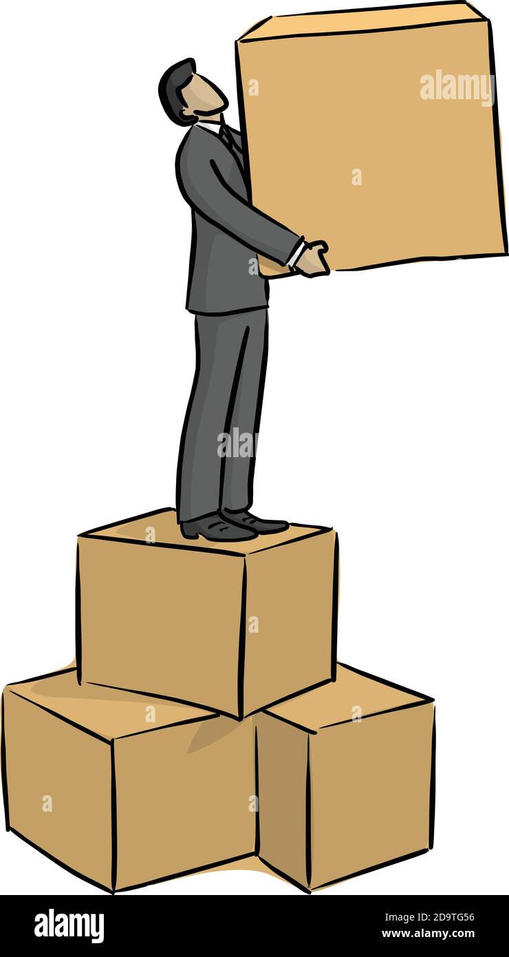 Geschäftsmann steht auf der Box mit einem auf seiner Hand Vektor-Illustration Skizze Doodle Hand gezeichnet mit schwarzen Linien isoliert auf weißem Hintergrund. Busin Stock Vektor