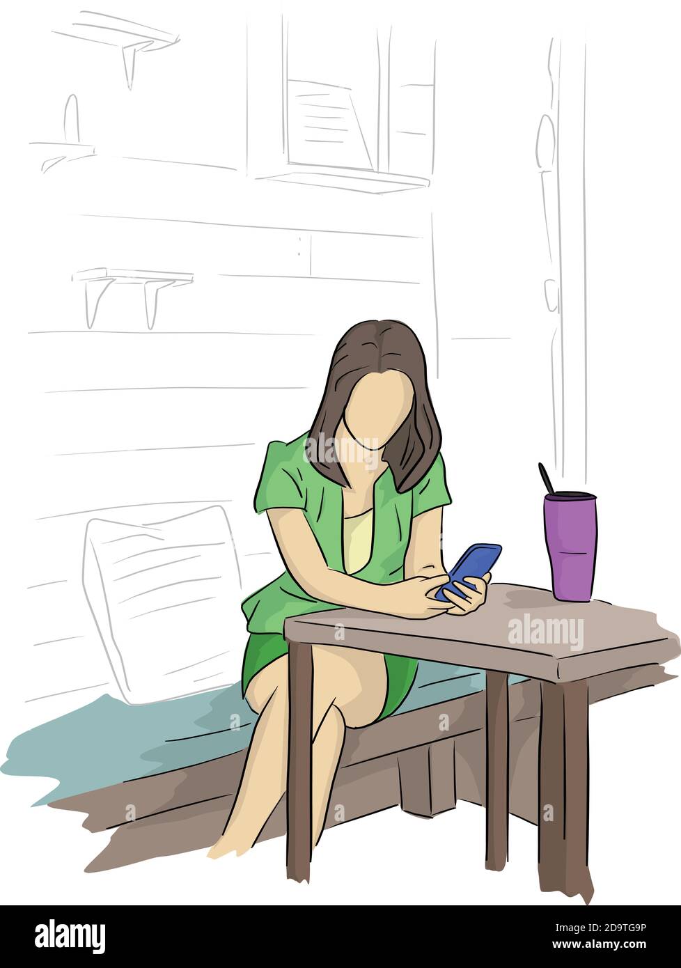 Geschäftsfrau mit Handy im Café oder Café Vektor-Illustration mit schwarzen Linien isoliert auf weißem Hintergrund. Stock Vektor