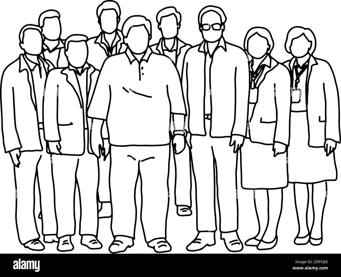 Sieben Busunessmen und zwei Geschäftsfrauen stehen zusammen Vektor-Illustration Skizze Doodle Hand gezeichnet mit schwarzen Linien isoliert auf weißem Hintergrund. Stock Vektor