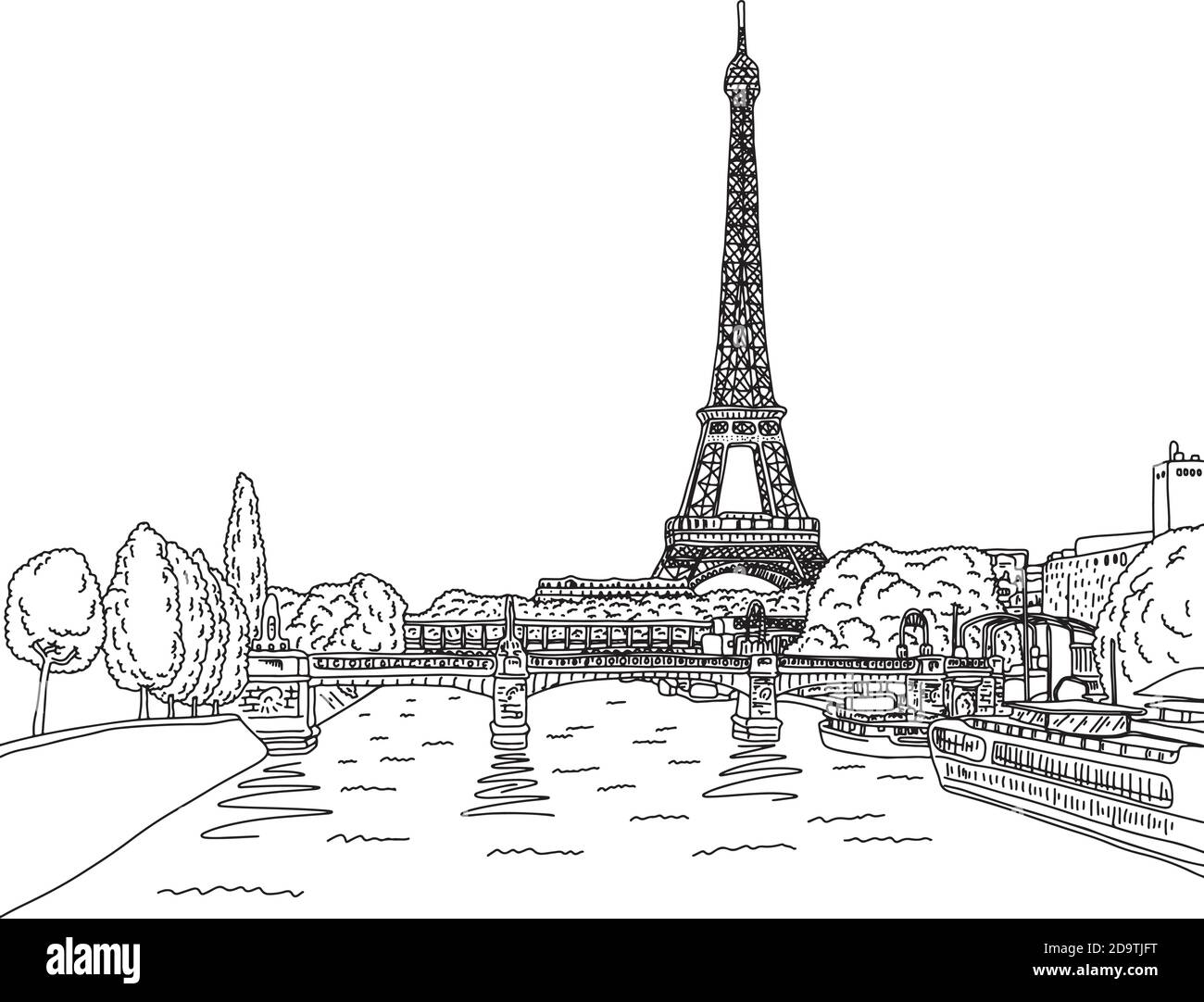 eiffelturm in paris mit lamdscape Vektor Illustration Skizze Doodle Handgezeichnet mit schwarzen Linien isoliert auf weißem Hintergrund Stock Vektor