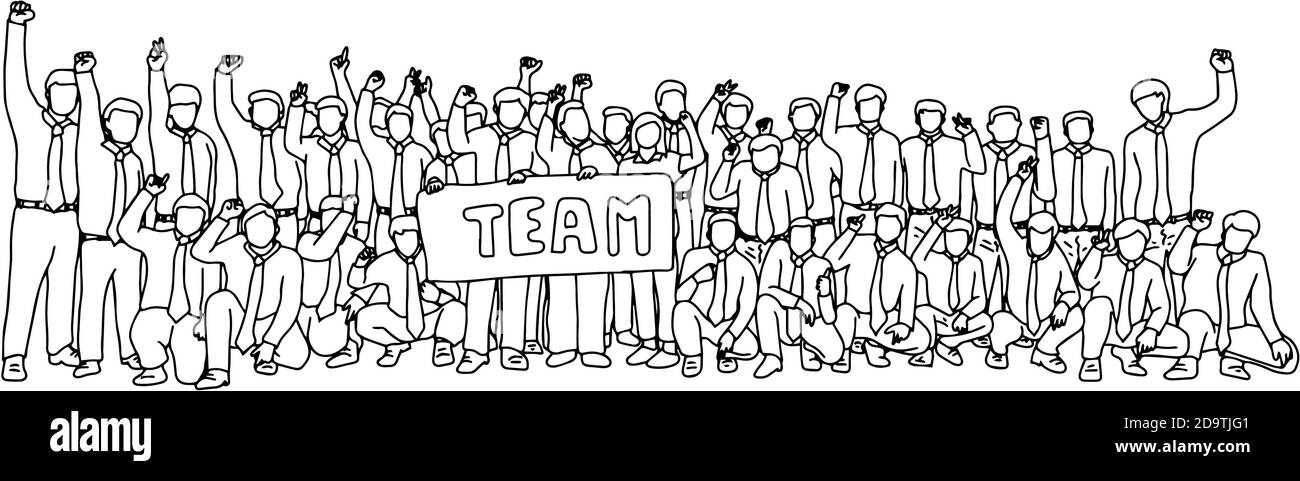 Geschäftsleute stehen und sitzen zusammen mit Handgesten Vektor Illustration Skizze Doodle Hand gezeichnet mit schwarzen Linien isoliert auf weiß Rückgr Stock Vektor