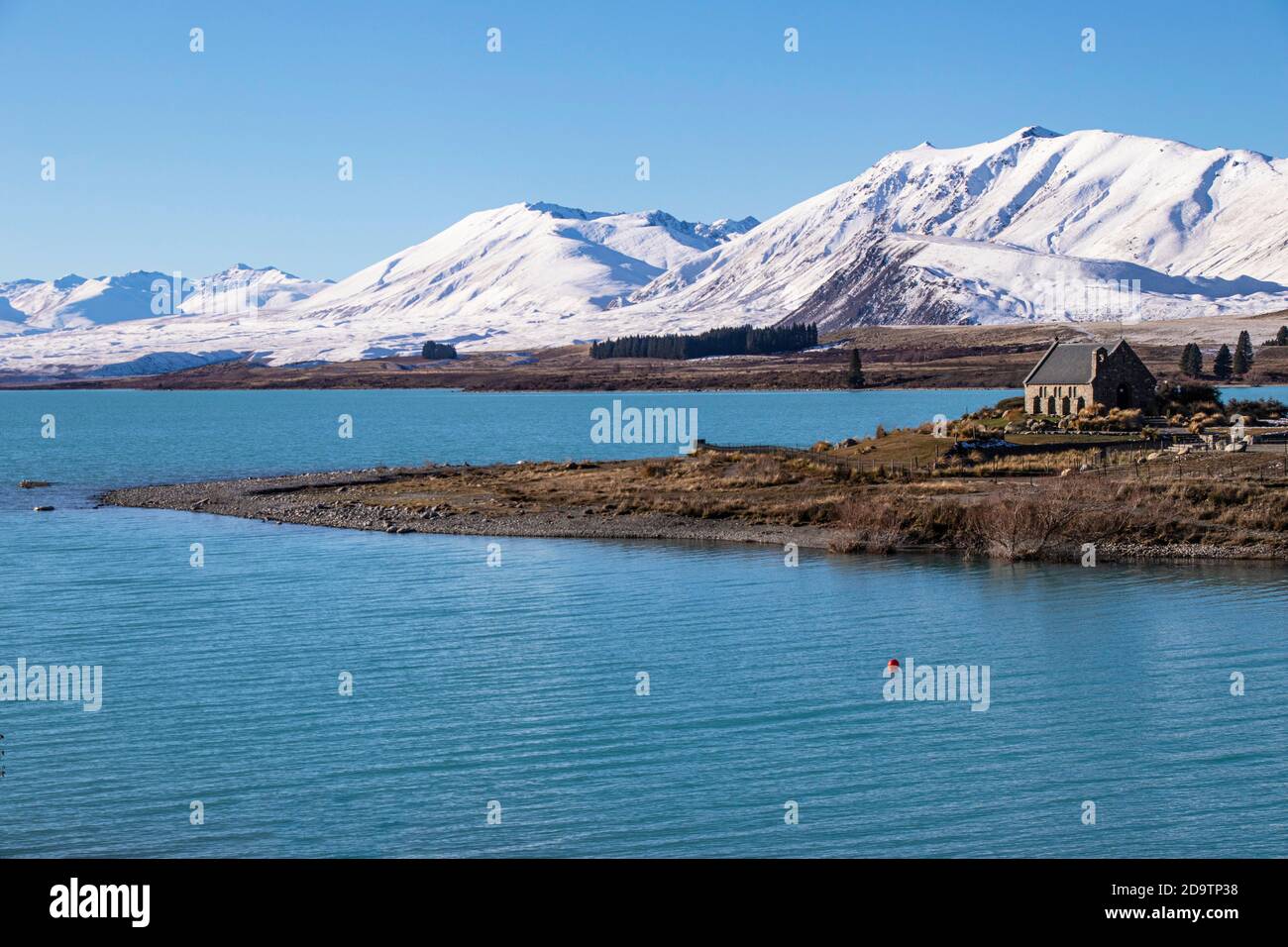 Die historische Kirche des Guten Hirten in Tekapo, Neuseeland. Beliebtes Winter-Touristen-und Skigebiet in Central Otago. Stockfoto