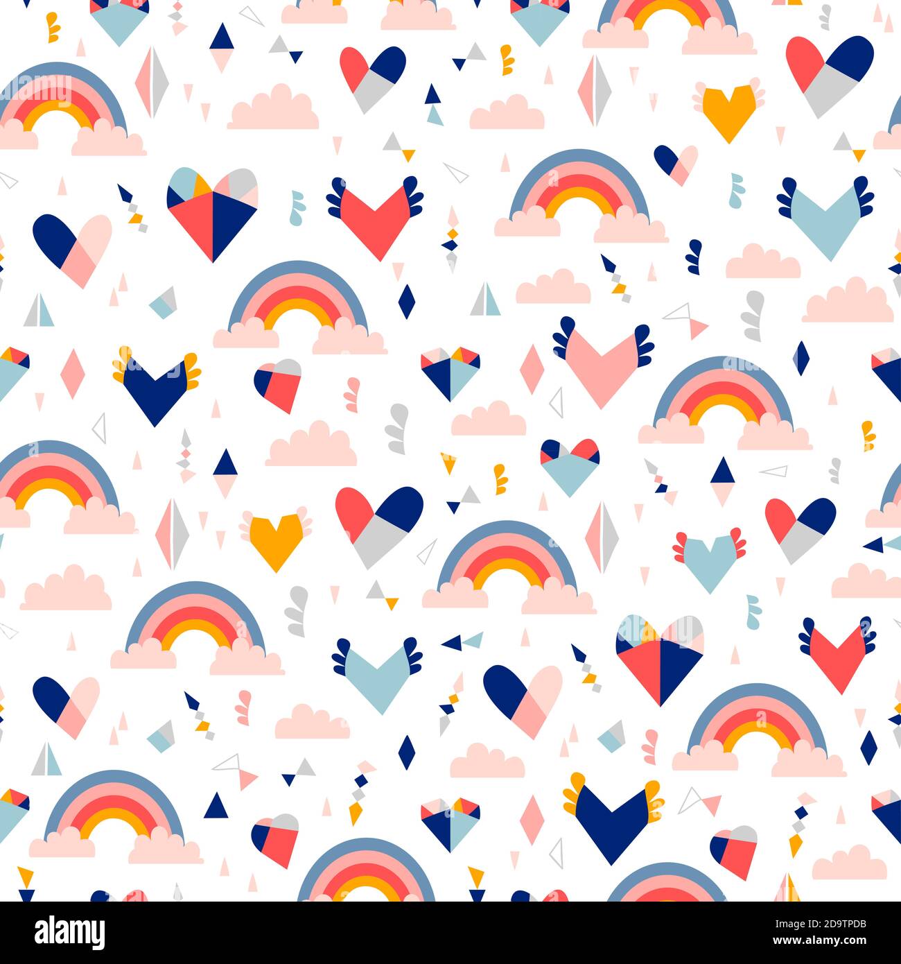 Nahtloses Kindermuster mit Regenbogen und Herzen. Kreative Textur für Stoff, Verpackung, Textil, Tapete, Bekleidung. Vektorgrafik Stock Vektor