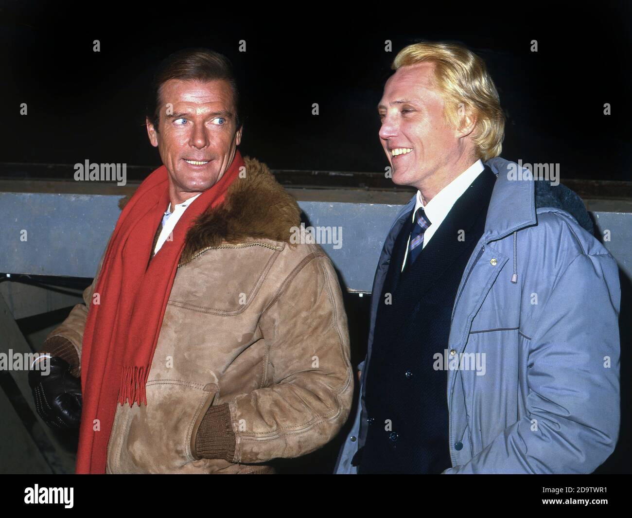 Roger Moore und Christopher Walken in London 1985 Förderung der James Bond Film A View to Kill Stockfoto