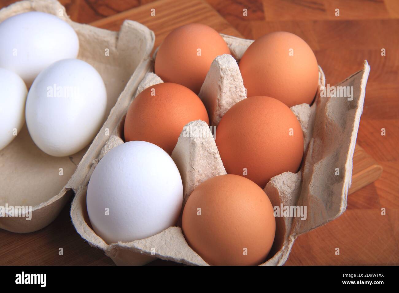 Bio-Eier braun und weiß in recyceltem Karton Eierregal Stockfoto