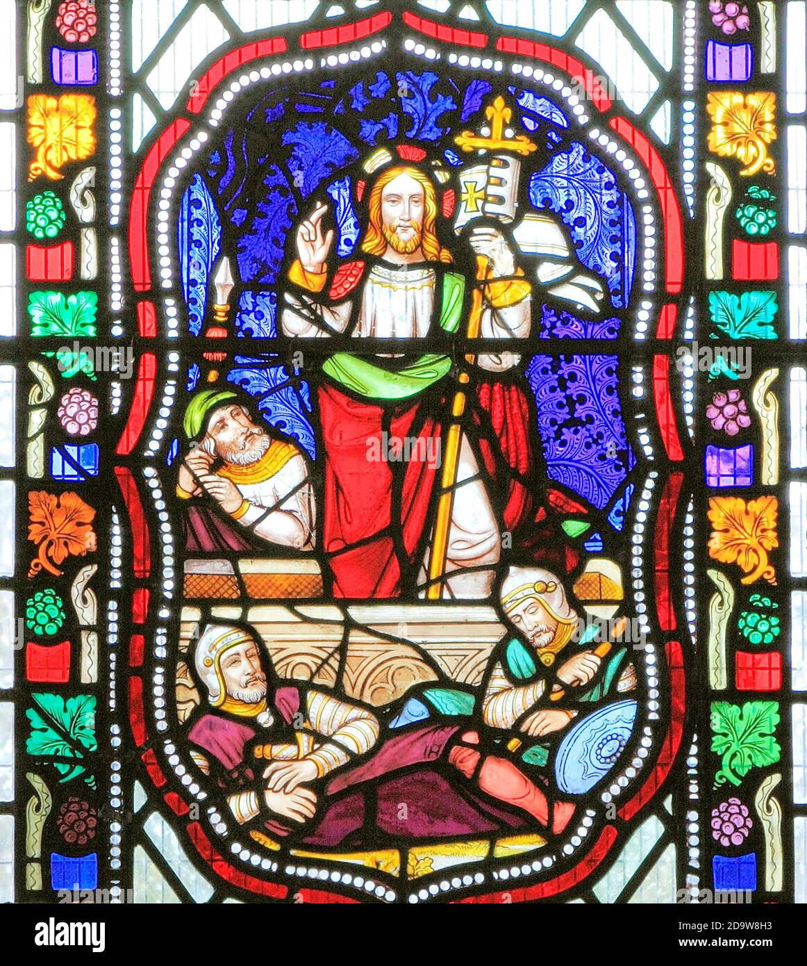 Die Auferstehung Jesu, römische Wachen schlafen, Glasmalerei, Fenster, 1860, Fakenham, Norfolk, England Stockfoto
