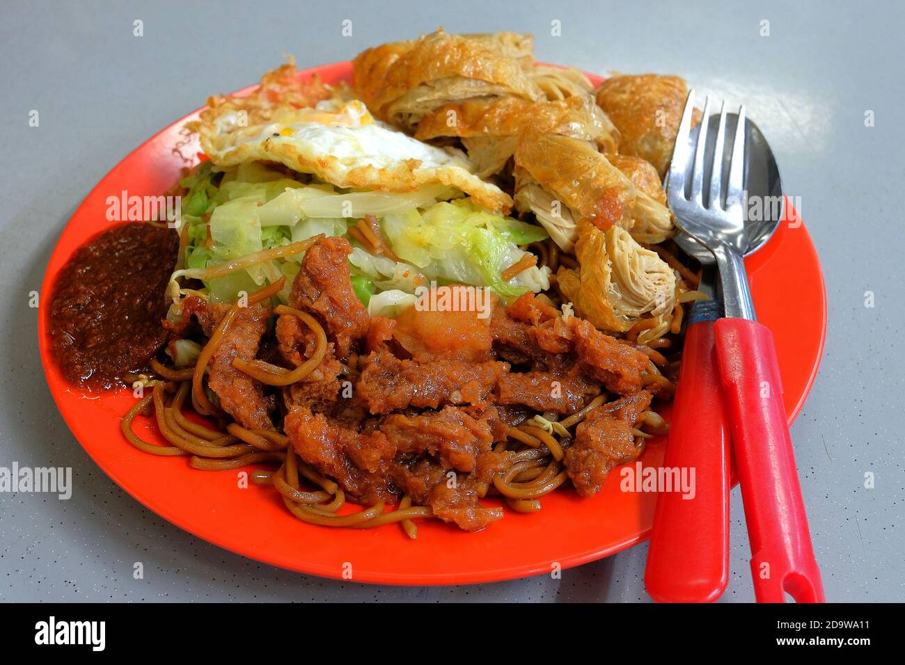 Ein Teller mit vegetarischen Nudeln, serviert mit verschiedenen Gemüse, Ei und gebratenen Beancurd (Tofu) Haut, Singapur Stockfoto