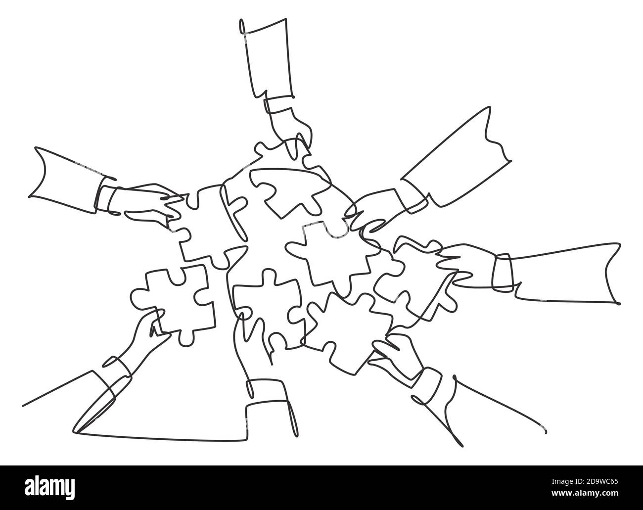 Eine durchgehende Linienzeichnung von männlichen und weiblichen Business-Team-Mitgliedern vereinen Puzzleteile zu einem Team Building Symbol. Teamarbeit der Mitarbeiter Stock Vektor