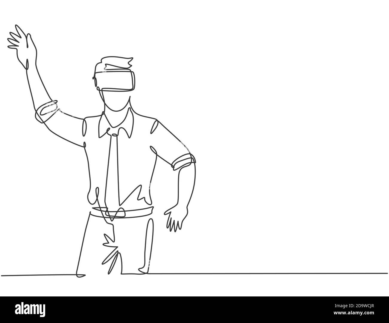 Einzelne kontinuierliche Linie Zeichnung von jungen Schock Geschäftsmann versucht, Hindernisse zu vermeiden, während Spiel Simulation. Virtual Reality Game Player-Konzept Stock Vektor