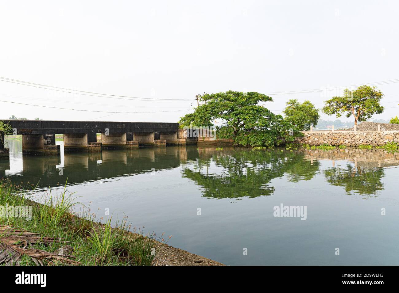 Kerala Flussbrücke Fotografie mit Baum auf der anderen Seite von Kadamakkudy, Ernakulam, Kochi, Kerala, Indien.auf weiß verschwommen Umgebung Stockfoto