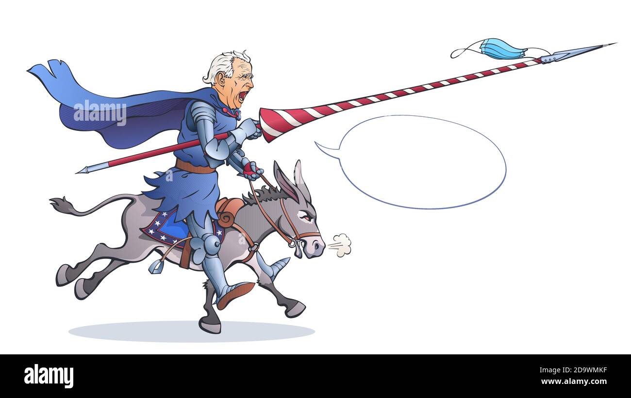 Joe Biden auf einem Esel. Neuer Präsident der USA in Form eines mittelalterlichen Ritters. Leader hält die Turnierlanze mit einer medizinischen Maske wie ein Wimpel. Stock Vektor