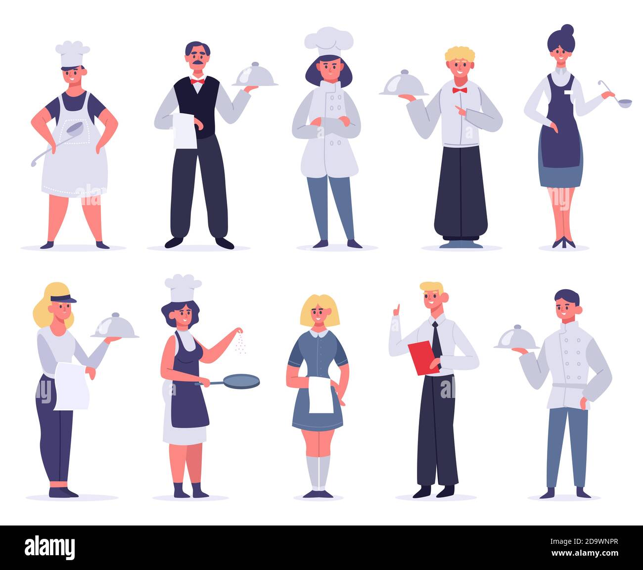 Küchenarbeiter. Restaurantpersonal Charaktere, Koch, Assistenten, Gastgeberin und Kellner, Küchenarbeiter Kochen und Servieren, Vektor-Illustration Set Stock Vektor