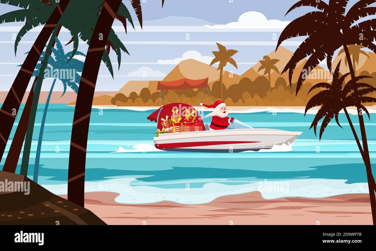 Frohe Weihnachten Weihnachtsmann auf Schnellboot auf Meer Meer tropische Insel Palmen Berge Meer. Vektor-Illustration isoliert Cartoon-Stil Stock Vektor